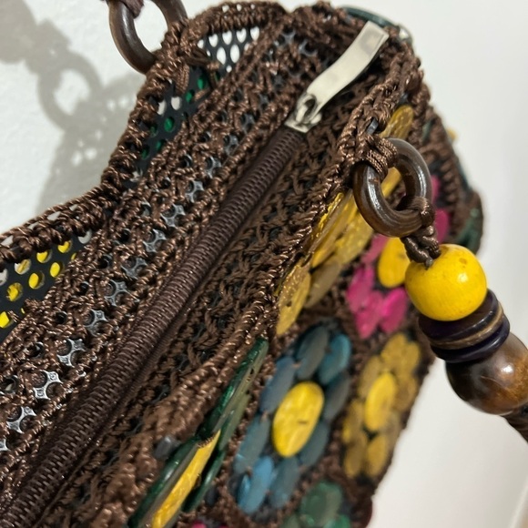 Handcrafted vintage bag coconut shell brown knit colorful bead floral boho Fall - Picture 9 of 11